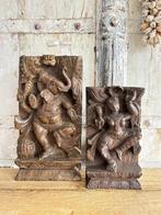 Houtsnijwerk (2) - Hout - Shiva & Ganesha - India - Eind 19E, Antiek en Kunst, Kunst | Beelden en Houtsnijwerken, Ophalen of Verzenden