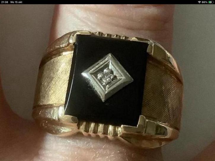 Vintage unieke gouden forse ring zwart Onyx en Diamand 14 k, Sieraden, Tassen en Uiterlijk, Ringen, Zo goed als nieuw, Heer, 20 of groter