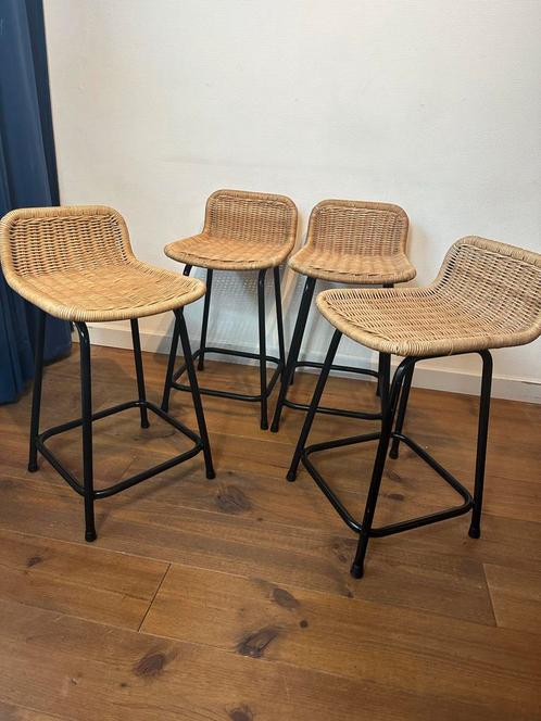 Rohe Noordwolde Barkrukjes Set/4 ZH:54cm, Huis en Inrichting, Barkrukken, Gebruikt, 60 tot 90 cm, Riet, 4 krukken, Met voetsteun