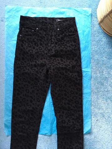 Zwart fluwelen panterprint broek, hoge taille, XXS, Monki