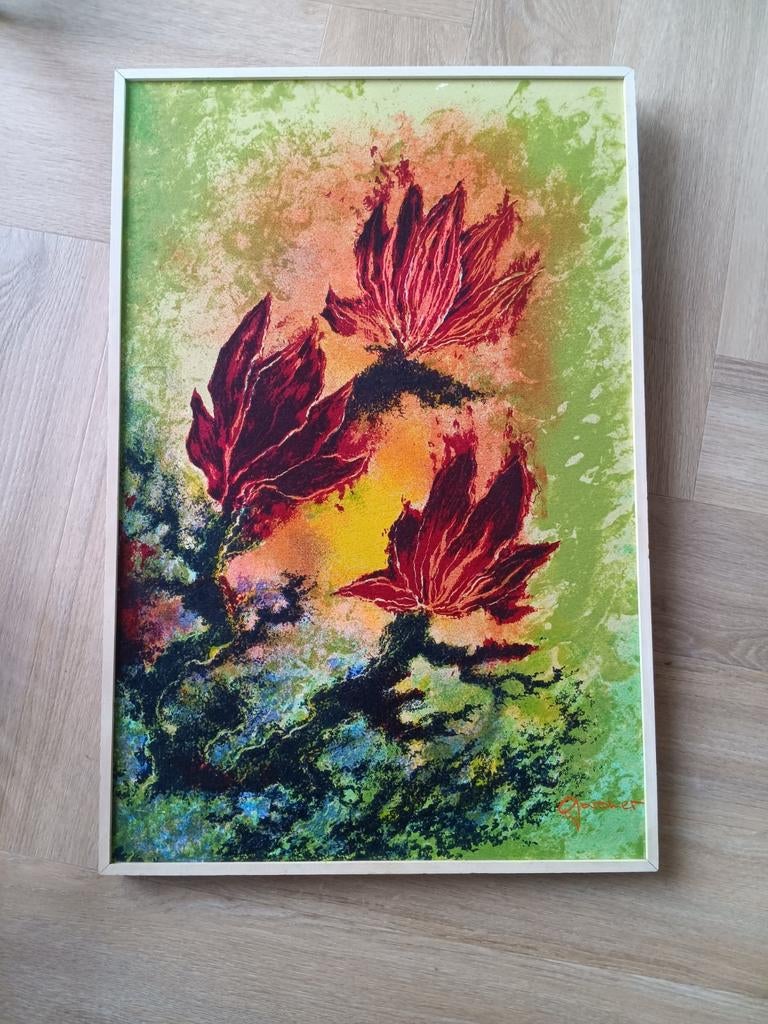 Retro, gemengde techniek.Kunstwerk met Bloemen, Gesigneerd, Ophalen of Verzenden