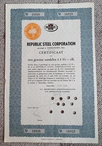 Republic Steel Certificaat van Aandeel beschikbaar voor biedingen