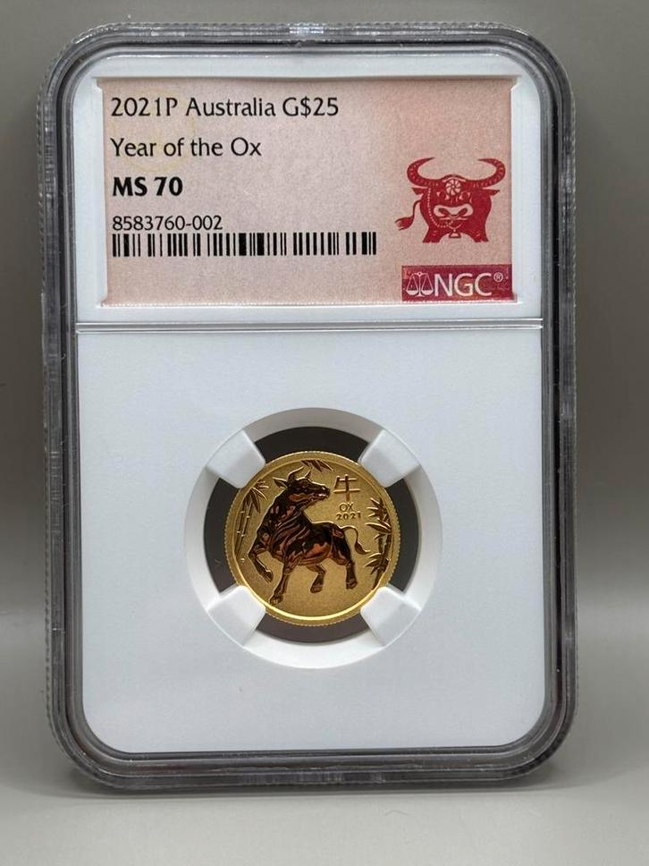 Lunar 3 - 2021 1/4oz goud year of the Ox - NGC MS70, Postzegels en Munten, Edelmetalen en Baren, Goud, Ophalen of Verzenden