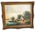 Oude schilderij boerderij olieverf op doek met antieke barok, Ophalen