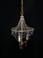 Italiaanse oudekroonluchter vol facet kralen en3 kaarslampen, Ophalen of Verzenden, Gebruikt