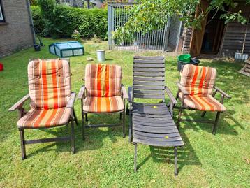 HERLAG tuinstoelen, massief hout. 2 laag+1 hoog+ 1 ligstoel, beschikbaar voor biedingen