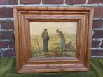Schilderij aardappel rooiers in eiken lijst., Verzenden