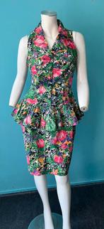 Vintage jaren 80 peplum-jurk groen/bloemen maat 36, Verzenden, Vintage, Knielengte, Maat 36 (S)