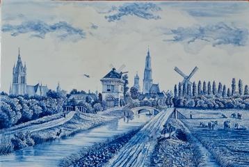 Delfts Blauw aardewerk plaat zicht op Delft vanuit westen beschikbaar voor biedingen