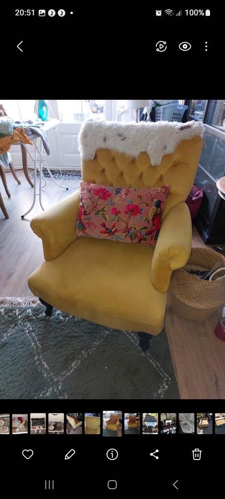 Gele Fauteuil met Poef, Huis en Inrichting, Fauteuils, Gebruikt, Hout, Stof, 75 tot 100 cm, 75 tot 100 cm, Ophalen of Verzenden