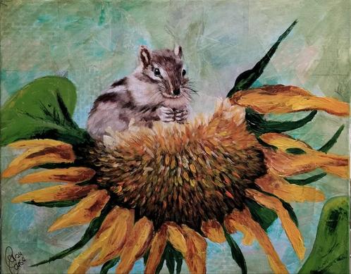 Schilderij eekhoorn in zonnebloem, Huis en Inrichting, Woonaccessoires | Schilderijen, Tekeningen en Foto's, Nieuw, Schilderij