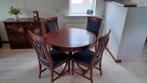 Ronde uitschuifbare houten eettafel met 4 eetkamerstoelen, Huis en Inrichting, Ophalen, Gebruikt, Klassiek, 4 tot 6 stoelen