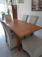 Eethoek, houten tafel, 5 beklede stoelen en 1 hocker, Huis en Inrichting, Ophalen, Gebruikt, 200 cm of meer, 50 tot 100 cm