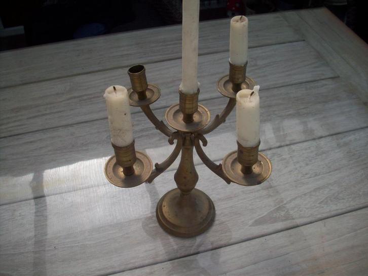 massieven geel koper kandelaar met 5 armen., Antiek en Kunst, Antiek | Kandelaars, Koper of Brons, Ophalen of Verzenden