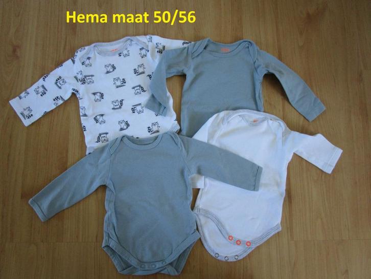 Hema - vier rompers met lange mouwen maat 50/56, Kinderen en Baby's, Babykleding | Maat 50, Zo goed als nieuw, Jongetje, Nacht- of Onderkleding