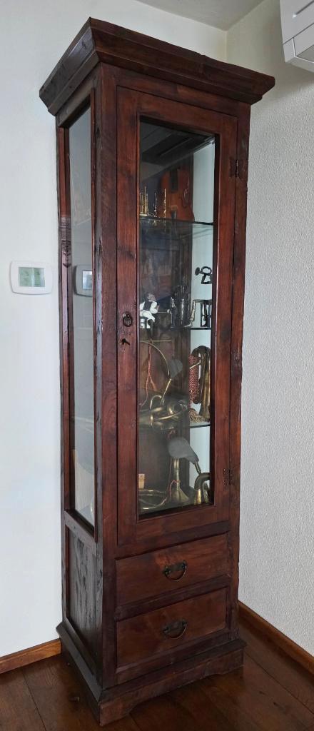 1-deurs vitrinekast met 2 laden - massief teakhout, Huis en Inrichting, Kasten | Vitrinekasten, Zo goed als nieuw, 200 cm of meer