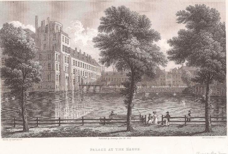Den Haag Palace at the Hague Staalgravure J.C. Varrall 1825, Antiek en Kunst, Kunst | Etsen en Gravures, Ophalen of Verzenden