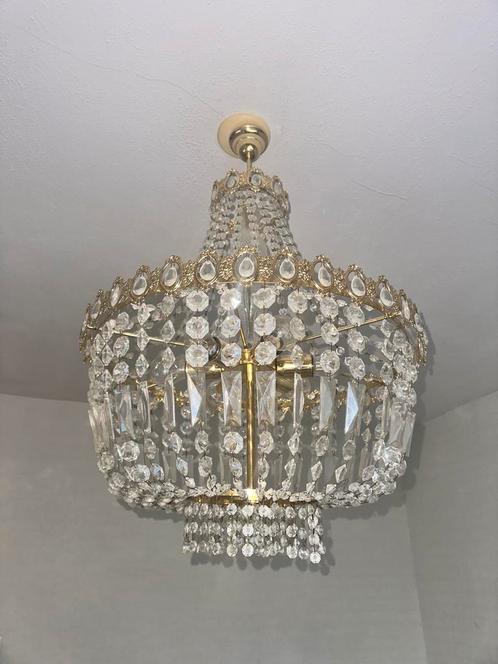 Kristallen Kroonluchter met Gouden Frame, Huis en Inrichting, Lampen | Kroonluchters, Gebruikt, Glas, Ophalen