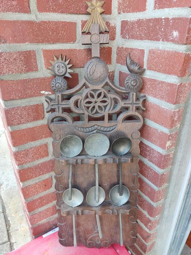 Tinnen Lepelset op Houten Rek, Antiek en Kunst, Antiek | Keukenbenodigdheden, Ophalen of Verzenden
