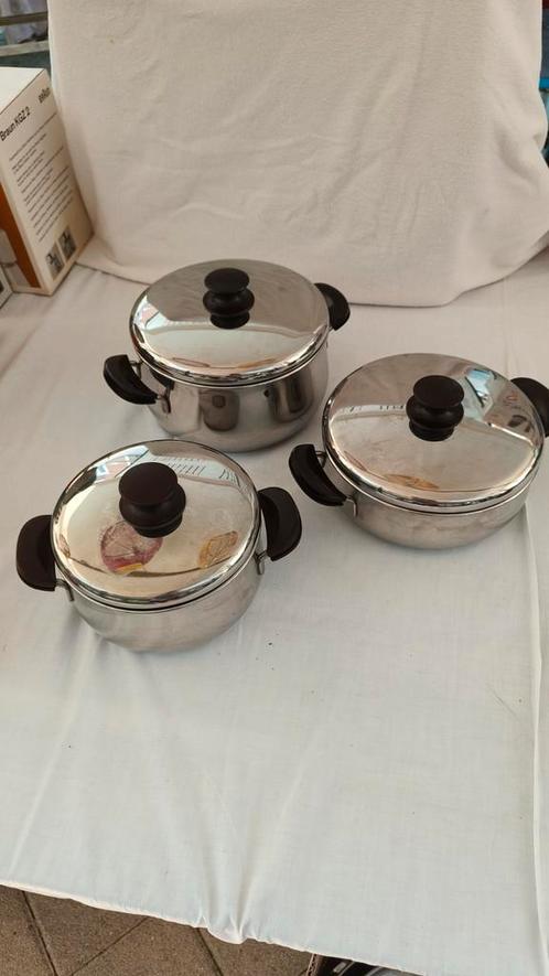 Pannenset Lagostina 3 kookpannen, Huis en Inrichting, Keuken | Potten en Pannen, Gebruikt, Pannenset, Rvs, Ophalen