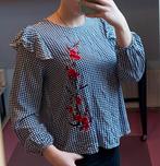 Blouse blauw wit geruit emnoidery katoen M 38 rode bloemen, Maat 38/40 (M), Emnoidery, Blauw, Ophalen of Verzenden