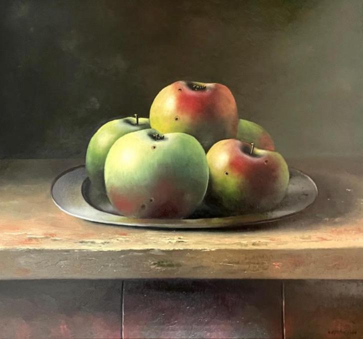 Evert Dijkstra, fijnschilder, appels, 37-40 cm design lijst!, Antiek en Kunst, Kunst | Schilderijen | Klassiek, Ophalen of Verzenden