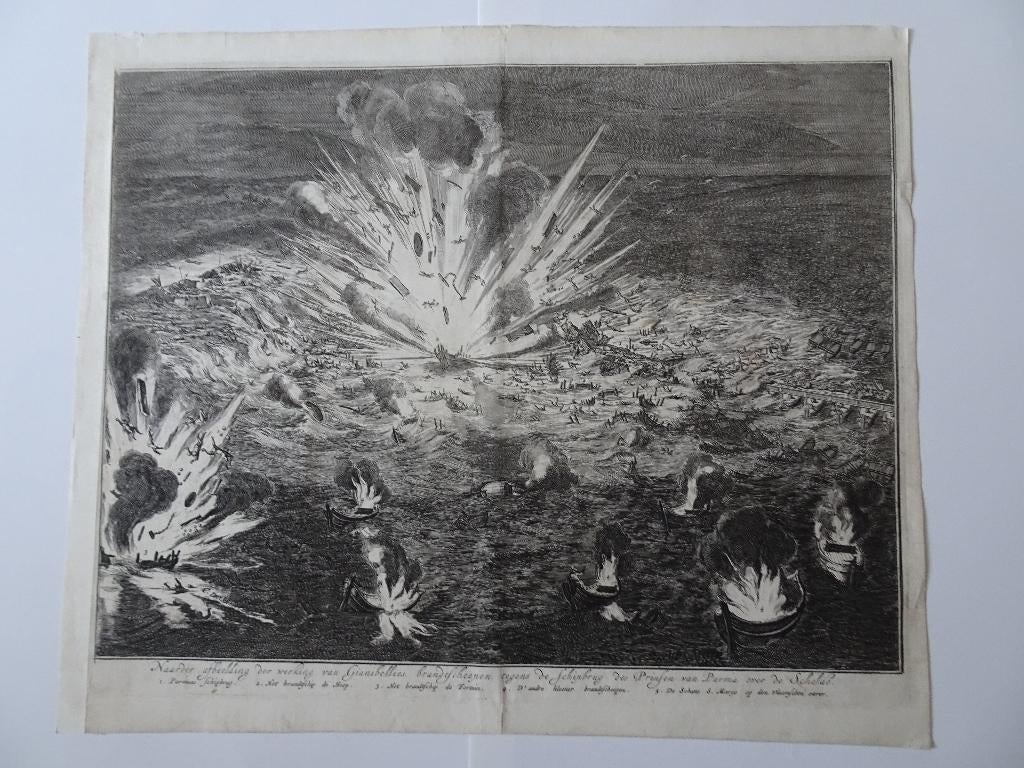 Gravure schipbrug over Schelde opgeblazen Gianibelli, 1730, Antiek en Kunst, Verzenden