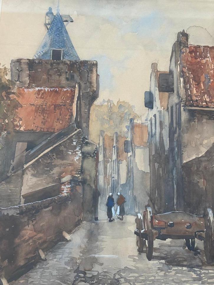 Jan Korthals (1916-1972) -Gezicht op de Vischpoort te Elburg, Antiek en Kunst, Kunst | Schilderijen | Klassiek, Ophalen of Verzenden