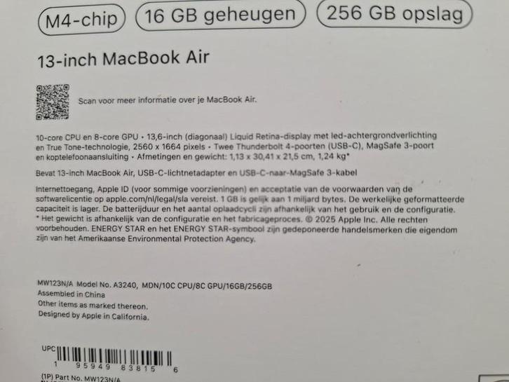 macbook air 13 m4 16 256 zwart geseald np 1200  vast 850 eu, Computers en Software, Apple Macbooks, Nieuw, MacBook Air, 13 inch