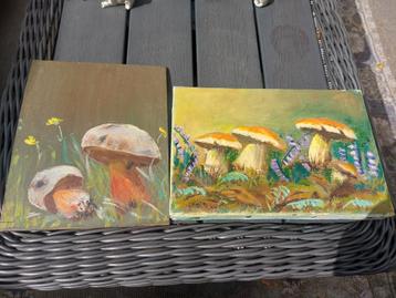 2 mooie Franse Brocante schilderijtjes met paddenstoelen  beschikbaar voor biedingen