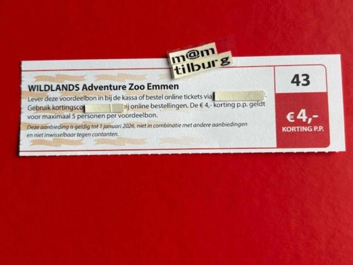 Bon 43 WILDLANDS Adventure Zoo Emmen €4,00 korting p.p., Tickets en Kaartjes, Recreatie | Dierentuinen, Drie personen of meer