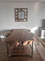 Teakhouten eettafel met chrome poten met 4 kunstsuede stoel, Gebruikt, 100 tot 150 cm, Teakhout, Ophalen of Verzenden