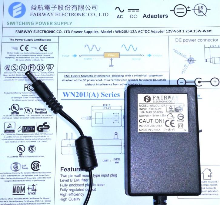 FAIRWAY WN20U-12A 12V 1.25A 20W Adapter Lader Goodmans DVD, Audio, Tv en Foto, Opladers, Zo goed als nieuw, Ophalen of Verzenden