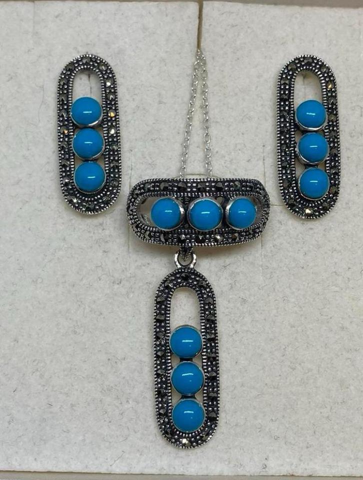 Prachtige set van 925 sterling zilver met turkoois, Sieraden, Tassen en Uiterlijk, Antieke sieraden, Overige typen, Zilver, Met edelsteen
