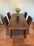 Eethoek teak met 4 lederen stoeltjes op wielen, Huis en Inrichting, Ophalen of Verzenden, Zo goed als nieuw, Koloniaal, 4 tot 6 stoelen