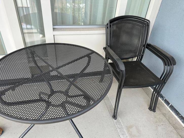 Gecoate tuinset met ronde tafel en 4 stoelen, Tuin en Terras, Tuinsets en Loungesets, Gebruikt, Tuinset, Overige materialen, 4 zitplaatsen