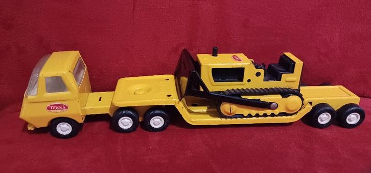 1970 Tiny Tonka Lowboy Model 695 met metalen bulldozer, Verzamelen, Speelgoed, Gebruikt, Ophalen of Verzenden