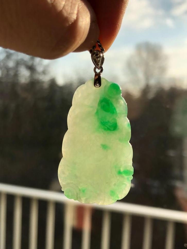 Gecertificeerde Jadeiet jade (FEI CUI) hanger 18kt Wit goud, Sieraden, Tassen en Uiterlijk, Antieke sieraden, Hanger, Goud, Met edelsteen