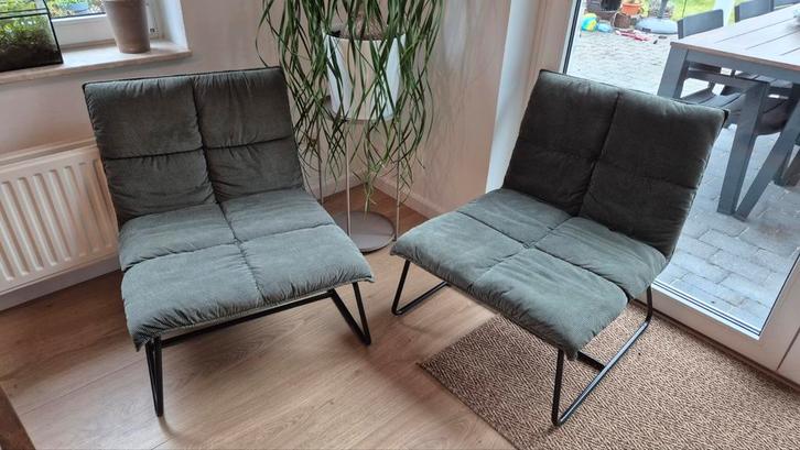 Twee grijze/groene fauteuils, Huis en Inrichting, Fauteuils, Gebruikt, Metaal, Stof, 50 tot 75 cm, Minder dan 75 cm, Ophalen