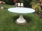 DESIGN TAFEL METAAL- 160 CM DOORSNEE- BLAD GEHARD MELKGLAS, Ophalen, Rond, Zo goed als nieuw, Vijf personen of meer