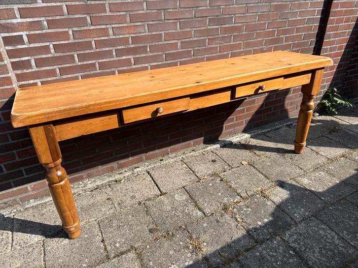 Twee wandtafels: 210x50cm, één met dummy lades, Huis en Inrichting, Tafels | Sidetables, Gebruikt, 50 tot 75 cm, 200 cm of meer