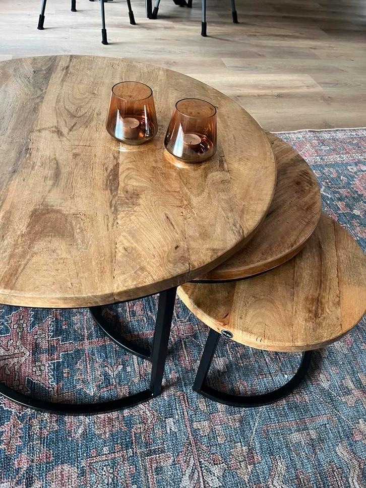 Set van 3 Salon Tafeltjes - Hout & Metaal, Huis en Inrichting, Tafels | Bijzettafels, Gebruikt, Rond, Minder dan 45 cm, Minder dan 55 cm