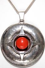 Prachtige Scandinavische Art Deco Zilver Bloedkoraal Hanger, Verzenden, Zilver, Hanger, Met edelsteen