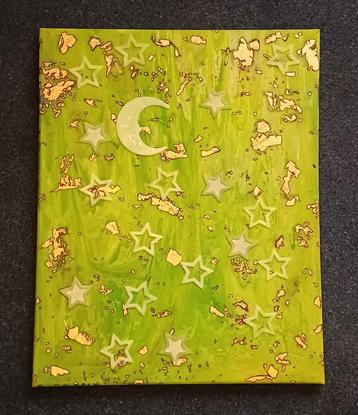 Groen Schilderij met Maan en Sterren beschikbaar voor biedingen
