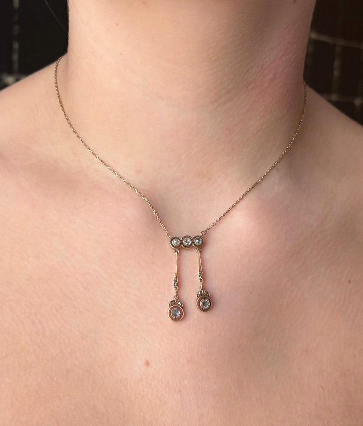 Art Deco diamanten antieke 14k gouden ketting en hanger, Sieraden, Tassen en Uiterlijk, Antieke sieraden, Ketting, Goud, Met edelsteen