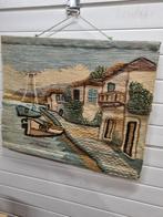 wanddoek schilderij boten en huis vintage, Huis en Inrichting, Woonaccessoires | Schilderijen, Tekeningen en Foto's, Ophalen of Verzenden