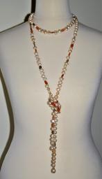 Parelcollier/ketting met zoetwaterparels/carneool/rookkwarts, Verzenden, Nieuw, Roze, Met edelsteen