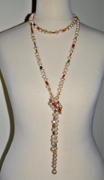 Parelcollier/ketting met zoetwaterparels/carneool/rookkwarts beschikbaar voor biedingen