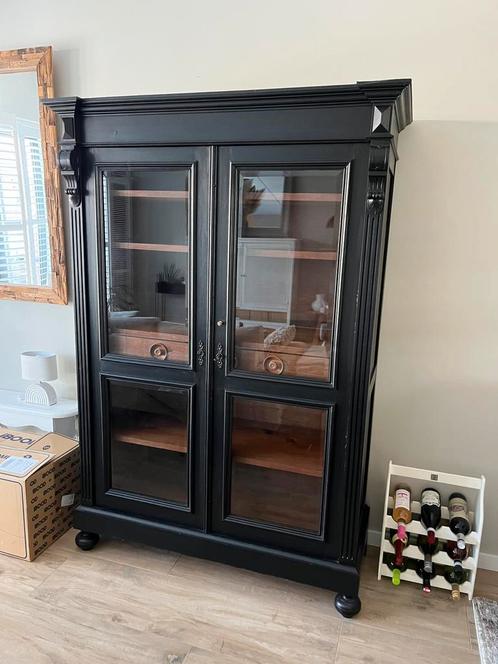 Antieke vitrinekast linnenkast zwart mahonie, Huis en Inrichting, Kasten | Vitrinekasten, Gebruikt, 150 tot 200 cm, 100 tot 150 cm