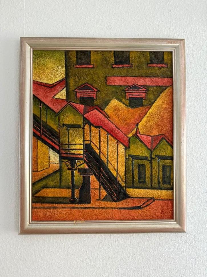 Zeldzaam geometrisch schilderij met kokosvezels, Antiek en Kunst, Kunst | Schilderijen | Abstract, Ophalen of Verzenden